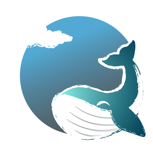Baleine bleue devant une planète nuageuse: prototype du logo
