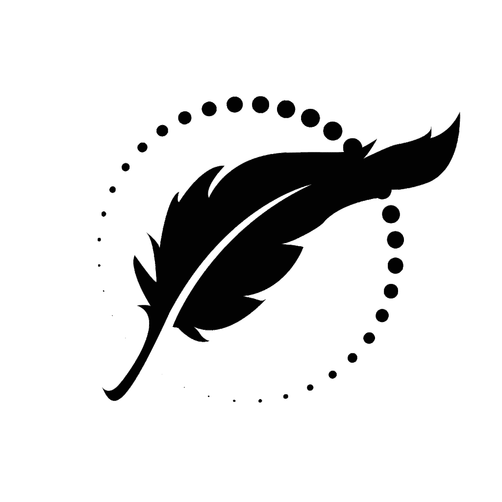 Une plume entourée de petits cercles qui induisent une réfléxion: prototype de logo