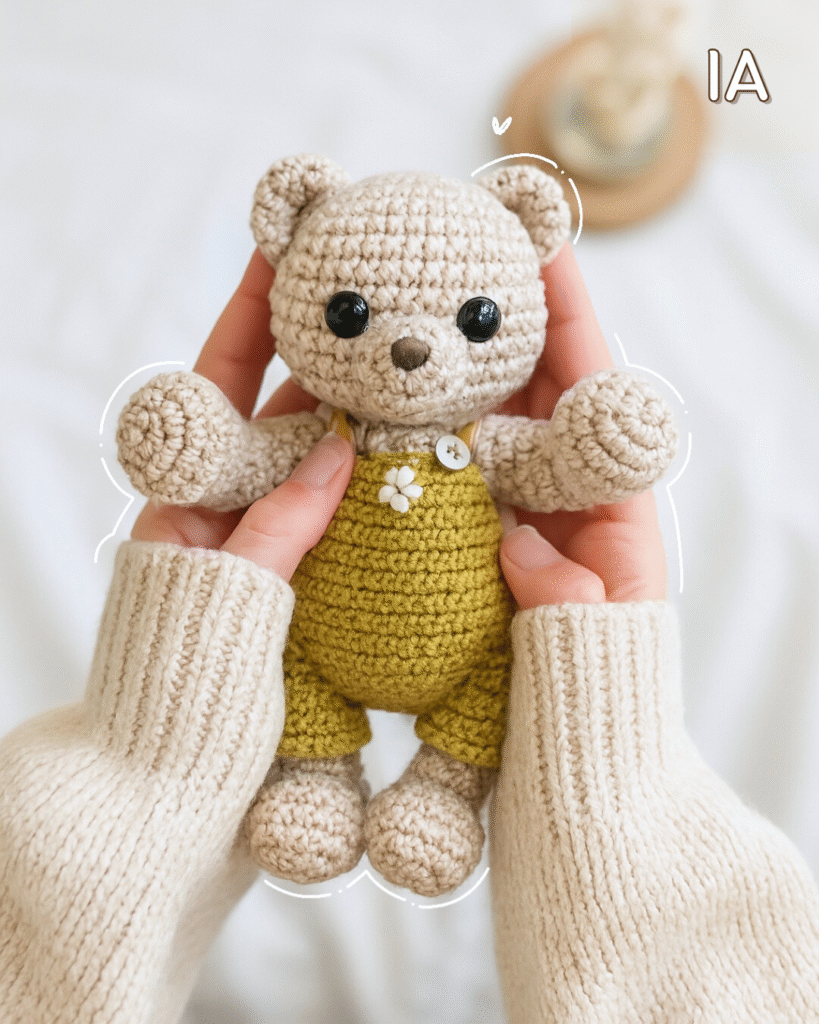 Image générée par IA d'un ourson au crochet, basée sur une photo originale des Neptuneries